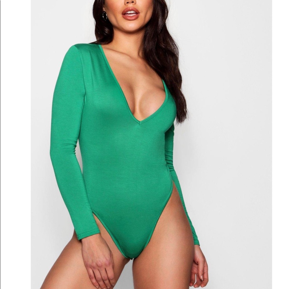 Green Plunge Long Sleeve Bodysuit